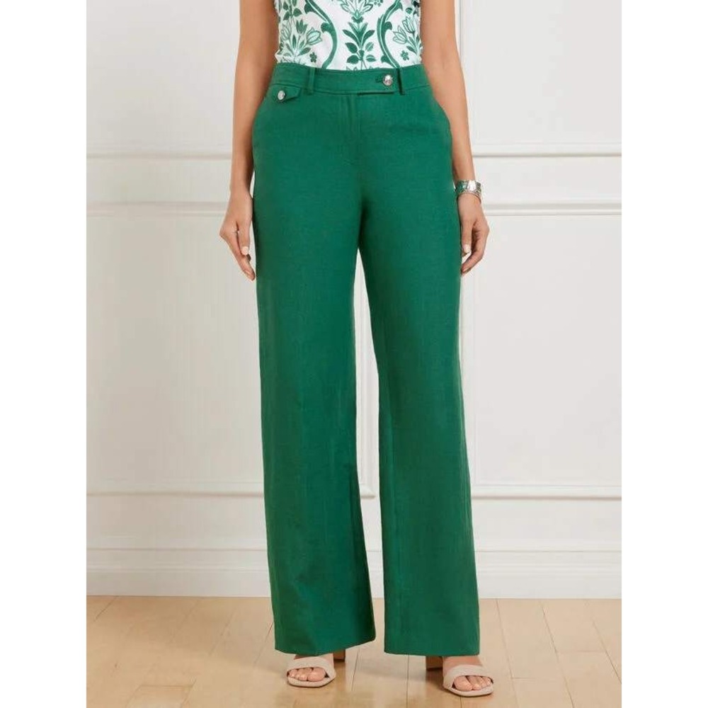 Talbots Greenwich Women's 8‎ Heritage Green 100% Linen Wide Leg Pants Trousers